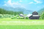  absurdres blue_sky building clouds cloudy_sky day field forest grass highres house mountain nature no_humans original outdoors scenery sky tile_roof tree wanna 