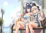  2girls alternate_costume bag bandaid bandaid_on_knee bare_legs bare_shoulders bench black_hat black_ribbon blue_dress blue_eyes blue_hair blue_shorts blue_sky breasts casual city cleavage clouds contemporary dress fingernails food hair_ornament hair_rings hair_stick hat highres holding holding_food holding_umbrella hood hooded_sweater ice_cream ice_cream_cone kaku_seiga lamppost large_breasts long_hair looking_at_viewer mononobe_no_futo multiple_girls neck_ribbon outdoors parasol ponytail red_ribbon ribbon shan short_shorts shorts sitting sky sleeves_past_wrists smile socks source_request sun suspender_shorts suspenders sweater tate_eboshi touhou umbrella white_legwear white_sweater wrist_ribbon 