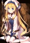  1girl bangs between_legs blonde_hair blue_eyes blush breasts cave cleric commentary_request dress eyebrows_visible_through_hair goblin_slayer! hair_between_eyes hand_between_legs hand_up hat holding holding_staff long_hair long_sleeves looking_at_viewer parted_lips priestess_(goblin_slayer!) sitting small_breasts solo staff tahya thigh-highs very_long_hair wariza weapon white_dress white_hat white_legwear wide_hips wide_sleeves 