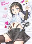  1girl asashio_(kantai_collection) black_hair black_legwear blue_eyes blush breasts chocolate chocolate_heart eyebrows_visible_through_hair gotou_hisashi heart highres kantai_collection long_hair looking_at_viewer lying miss_cloud navel on_back open_mouth pleated_skirt school_uniform shirt short_sleeves skirt small_breasts suspenders thigh-highs valentine white_shirt 