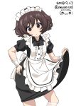  1girl :o absurdres akiyama_yukari alternate_costume apron bangs black_dress bolo_tie collared_dress commentary dated dress enmaided excel_(shena) eyebrows_visible_through_hair girls_und_panzer hand_on_hip head_tilt highres kneehighs lips long_hair looking_at_viewer maid maid_apron maid_headdress medium_dress parted_lips simple_background skirt_hold solo standing sweatdrop twitter_username watermark white_apron white_background white_legwear wristband 