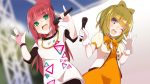  2girls :d ;d \m/ alice_gear_aegis bangs black_pants blurry blurry_background blush bow breasts character_request commentary_request depth_of_field dress dress_shirt eyebrows_visible_through_hair fingernails gloves green_eyes hands_up high_ponytail holding holding_microphone jacket jewelry light_brown_hair long_hair maze_(gochama_ze_gohan) microphone multiple_girls nail_polish one_eye_closed open_clothes open_jacket open_mouth orange_bow orange_dress pants ponytail puffy_short_sleeves puffy_sleeves purple_nails redhead ring salute shirt short_sleeves small_breasts smile stage upper_teeth very_long_hair violet_eyes vulcan_salute white_gloves white_jacket white_shirt wristband 