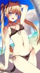  1girl absurdres animal_ears arm_behind_head arm_up bangs bare_arms bare_shoulders beach bell bikini black_bikini blonde_hair blue_eyes blue_sky blush breasts cat_ears cat_tail choker clouds commentary_request dead_or_alive dead_or_alive_5 dead_or_alive_xtreme eyebrows_visible_through_hair fake_animal_ears fake_tail front-tie_bikini front-tie_top hair_ornament hairclip highres long_hair looking_at_viewer marie_rose midriff navel nishisan_(mikurosu) open_mouth outdoors sand shore side-tie_bikini sky small_breasts solo standing stomach swimsuit tail twintails 