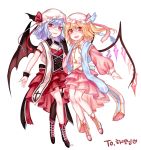  2girls alternate_costume bare_legs bat_wings black_footwear black_wings blonde_hair boots breasts commentary_request cross fangs flandre_scarlet full_body garter_straps gem hat hat_ribbon highres korean layered_skirt long_sleeves looking_at_viewer mob_cap multiple_girls open_mouth pink_footwear pink_hat pink_skirt puffy_long_sleeves puffy_sleeves red_eyes red_ribbon red_skirt remilia_scarlet ribbon shan siblings simple_background single_thighhigh sisters skirt small_breasts smile thigh-highs touhou translation_request white_background white_hat wings wrist_cuffs 