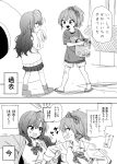  2girls collared_shirt comic flying_sweatdrops hair_ribbon ichinose_shiki idolmaster idolmaster_cinderella_girls jougasaki_mika long_hair long_sleeves multiple_girls open_mouth ponytail ribbon sandals shirt shoes shorts skirt sweatdrop translation_request younger youtike 