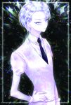  1other androgynous cairngorm_(houseki_no_kuni) colored_eyelashes crystal_hair esol_98 gem_uniform_(houseki_no_kuni) hand_on_hip highres houseki_no_kuni looking_at_viewer necktie short_hair solo upper_body white_eyes white_hair white_skin 