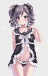  1girl babydoll black_babydoll black_bow black_panties black_ribbon blush bow bow_panties commentary_request cowboy_shot hair_bow hair_ribbon hand_on_own_chest highres idolmaster idolmaster_cinderella_girls kanzaki_ranko looking_at_viewer navel panties ribbon solo sparkle tdnd-96 underwear underwear_only wavy_mouth 