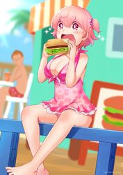  1boy 1girl absurdres barefoot blush breasts cleavage feet food hamburger haruka_(yakitoritabetai) highres large_breasts one-piece_swimsuit one_side_up open_mouth original pink_eyes pink_hair short_hair sitting solo_focus sparkle swimsuit 