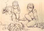  2girls :d bangs bare_legs breasts campfire cleavage commentary downblouse eyebrows_visible_through_hair firewood gloves haiokumantan_c hair_intakes high_ponytail highres hino_akane_(idolmaster) hood hood_down hoodie idolmaster idolmaster_cinderella_girls large_breasts lined_paper long_hair looking_at_another looking_down monochrome multiple_girls open_mouth outdoors pants ponytail reaching_out sepia shoes shorts sleeves_rolled_up smile traditional_media tree_stump wavy_hair yamato_aki 