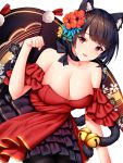  1girl animal_ears azur_lane bell black_dress black_hair breasts cat_ears cat_tail cleavage dress eyebrows_visible_through_hair fang frilled_dress frills hair_between_eyes hair_ornament highres jewelry jingle_bell kantai_collection large_breasts looking_at_viewer necklace nightgown olo open_mouth paw_pose red_dress red_eyes short_hair smile tail tail_bell touhou wsman yamashiro_(azur_lane) 