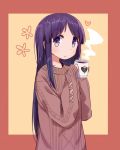  1girl closed_mouth cup eyebrows_visible_through_hair highres hinata_yukari horoda_(user_wfaw4827) long_hair looking_at_viewer mug purple_hair simple_background solo sweater violet_eyes yuyushiki 