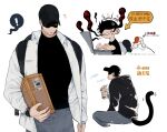  2022 2boys anger_vein artist_name backpack bag baseball_cap bird_boy black_bag black_hair black_headwear black_hoodie black_shirt box breast_pocket bubble_tea cat_tail collared_jacket computer covered_eyes cowboy_shot dated drink english_text eyes_in_shadow furry furry_male furry_with_non-furry ghost grey_pants hat head_steam highres holding holding_box holding_drink hood hoodie interspecies jacket k-bone laptop long_sleeves male_focus multiple_boys multiple_views notice_lines one_eye_covered open_clothes open_jacket original pants pocket shirt short_hair sitting speech_bubble sweatdrop tail very_short_hair white_background white_jacket yellow_eyes 