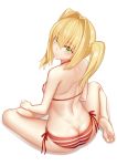  1girl :&lt; ass back bangs bare_arms bare_back bare_legs bare_shoulders barefoot bikini blonde_hair blush breasts butt_crack closed_mouth eyebrows_visible_through_hair fate/grand_order fate_(series) from_behind full_body green_eyes hair_between_eyes hair_intakes halter_top halterneck highres long_hair looking_at_viewer looking_back medium_breasts nero_claudius_(fate)_(all) nero_claudius_(swimsuit_caster)_(fate) red_bikini red_ribbon ribbon shoulder_blades shoutai_(7490773) side-tie_bikini sideboob simple_background sitting soles solo striped striped_bikini swimsuit twintails white_background 