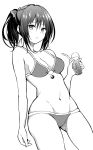 1girl arm_at_side bangs bare_arms bare_legs bare_shoulders bikini bow breasts cleavage cup drinking_straw eyebrows_visible_through_hair gluteal_fold greyscale groin hair_between_eyes hair_bow hakurei_reimu hand_up highres holding holding_cup hyurasan ice ice_cube looking_at_viewer lowleg lowleg_bikini medium_breasts monochrome navel parted_lips ponytail shiny shiny_hair simple_background solo swimsuit touhou white_background yin_yang 