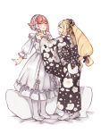  2girls :d ai-wa back_bow bangs bed_sheet black_bow black_kimono blonde_hair blush bow closed_eyes closed_mouth collarbone dress elise_(fire_emblem_if) facing_another fire_emblem fire_emblem_if floral_print hair_between_eyes hair_bow hair_ornament hairband highres japanese_clothes kimono long_hair long_sleeves multicolored_hair multiple_girls nintendo open_mouth pantyhose polka_dot polka_dot_bow print_kimono profile puffy_long_sleeves puffy_sleeves purple_hair redhead sakura_(fire_emblem_if) short_hair simple_background smile standing streaked_hair twintails very_long_hair white_background white_bow white_dress white_hairband white_legwear wide_sleeves 
