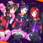  3girls :o bangs bat_wings black_bow black_hair bow breasts brown_eyes choker dress elbow_gloves eyebrows_visible_through_hair finger_to_cheek gloves green_eyes hair_bow hairband halloween halloween_costume hat highres kate_iwana large_breasts long_hair looking_at_viewer love_live! love_live!_school_idol_project low_twintails multiple_girls nico_nico_nii nishikino_maki open_mouth paws pink_dress purple_dress purple_hair red_dress redhead short_hair sitting skirt star thigh-highs tongue tongue_out toujou_nozomi twintails violet_eyes wings witch_hat yazawa_nico 