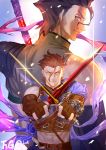  2boys armor back-to-back black_hair blue_cape cape closed_mouth diarmuid_ua_duibhne_(fate/grand_order) dual_wielding fate/grand_order fate/zero fate_(series) fingerless_gloves gae_dearg gloves hair_strand holding holding_spear holding_sword holding_weapon lancer_(fate/zero) looking_at_viewer male_focus mole mole_under_eye multiple_boys navel polearm snakeping spear sword weapon yellow_eyes 