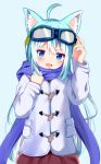  &gt;:d 1girl :3 :d animal_ears aqua_background aqua_hair blue_eyes commentary_request goggles goggles_on_head gradient_hair hand_on_goggles jacket long_hair long_sleeves multicolored_hair nagomi_yayado open_mouth original red_skirt scarf silver_hair simple_background skirt smile wolf_ears 