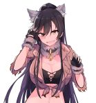  1girl animal_ears bandeau bangs black_gloves black_hair breasts brown_jacket cleavage collar dog_tags fang fingerless_gloves fingernails front-tie_top fur_trim gloves hair_between_eyes halloween_costume hanetsuka high_ponytail highres idolmaster idolmaster_shiny_colors jacket large_breasts long_hair looking_at_viewer navel open_clothes open_jacket open_mouth orange_eyes sharp_fingernails shirase_sakuya simple_background smile solo swept_bangs tied_jacket under_boob upper_body very_long_hair white_background wolf_ears wolf_girl 