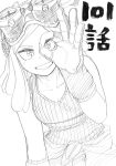  1girl absurdres boku_no_hero_academia breasts cleavage collarbone commentary_request gloves goggles goggles_on_head graphite_(medium) greyscale grin hatsume_mei highres horikoshi_kouhei looking_at_viewer medium_hair monochrome ok_sign ribbed_shirt shirt smile solo symbol-shaped_pupils tank_top traditional_media upper_body 