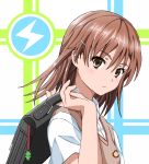  1girl bag bangs brown_eyes brown_hair brown_sweater carrying_over_shoulder closed_mouth collared_shirt commentary dress_shirt emblem eyebrows_visible_through_hair frog frown gekota hair_ornament hairclip holding lightning_bolt looking_at_viewer medium_hair misaka_mikoto naotairu school_bag school_uniform shirt solo sweater sweater_vest to_aru_kagaku_no_railgun to_aru_majutsu_no_index tokiwadai_school_uniform upper_body v-neck white_shirt 