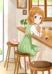  1girl bar_stool blue_eyes blush cellphone commentary_request dress full_body green_dress idolmaster idolmaster_million_live! indoors light_brown_hair long_sleeves looking_at_viewer mugi_(banban53) phone plant potted_plant short_hair sitting sleeveless sleeveless_dress solo stool suou_momoko undershirt window 