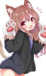  &gt;:d 1girl :3 animal_ears black_hoodie blue_shirt brown_hair cat_ears cat_tail fang gloves hood hood_down hoodie long_hair long_sleeves nagomi_yayado no_pants open_clothes open_hoodie original paw_gloves paws red_eyes shirt tail 