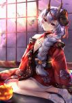  1girl absurdres braid commentary_request eyebrows_visible_through_hair fate/grand_order fate_(series) halloween hane_yuki highres horns huge_filesize japanese_clothes kimono long_hair looking_at_viewer solo tomoe_gozen_(fate/grand_order) 