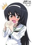  /\/\/\ 1girl absurdres bangs baozi black_hair black_neckwear blouse blush brown_eyes commentary dated eating embarrassed excel_(shena) eyebrows_visible_through_hair food frown girls_und_panzer hairband highres holding holding_food long_hair long_sleeves looking_at_viewer neckerchief ooarai_school_uniform open_mouth reizei_mako school_uniform serafuku simple_background solo standing surprised twitter_username upper_body watermark white_background white_blouse white_hairband 