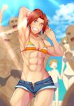  2girls 4boys abs absurdres bikini bikini_top blue_shorts breasts denim denim_shorts grin haruka_(yakitoritabetai) highres looking_at_viewer medium_breasts midriff multiple_boys multiple_girls muscle muscular_female open_clothes open_fly open_shorts original red_eyes redhead short_shorts shorts small_breasts smile solo_focus stomach swimsuit unbuttoned 