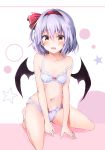  1girl absurdres bangs bare_arms bare_legs bare_shoulders barefoot bat_wings black_wings blue_bra blue_panties blush bow bow_bra bow_panties bra breasts collarbone eyebrows_visible_through_hair hair_between_eyes hair_ribbon hairband highres hyurasan kneeling lace lace-trimmed_bra lavender_hair looking_at_viewer navel open_mouth panties pink_background red_bow red_eyes red_hairband red_ribbon remilia_scarlet ribbon signature small_breasts solo star stomach strap_slip touhou two-tone_background underwear underwear_only white_background wings 