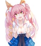  1girl alternate_costume animal_ears blush breasts cleavage clothes_around_waist collarbone fate/extella fate/extra fate_(series) fox_ears fox_tail highres jacket_around_waist large_breasts long_hair looking_at_viewer open_mouth pink_hair saubupo school_uniform shirt simple_background skirt smile solo tail tamamo_(fate)_(all) tamamo_jk_(fate) twintails unbuttoned uniform white_background yellow_eyes 