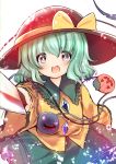  1girl :d black_hat blue_eyes bow crystal dress green_hair hat hat_ribbon highres holding holding_knife jack-o&#039;-lantern knife komeiji_koishi long_sleeves looking_at_viewer open_eyes open_mouth ribbon rpameri short_hair smile solo tagme touhou weapon white_background wide_sleeves wire yellow_bow 