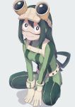  1girl asui_tsuyu black_eyes black_hair bodysuit boku_no_hero_academia breasts full_body gloves hair_between_eyes highres long_hair looking_at_viewer medium_breasts no_nose solo squatting tied_hair very_long_hair 