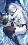  1girl anastasia_(fate/grand_order) black_gloves black_legwear blue_eyes blush breasts curtains elbow_gloves fate/grand_order fate_(series) garter_belt gloves ice_shard kousaki_rui lace lace-trimmed_thighhighs long_hair lying on_side signature thigh-highs white_hair 