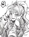  1girl :d bangs blush commentary fingernails greyscale haiokumantan_c hair_intakes hands_on_another&#039;s_face heart high_contrast highres hino_akane_(idolmaster) idolmaster idolmaster_cinderella_girls long_hair long_sleeves looking_to_the_side monochrome nose_blush open_mouth petting ponytail smile solo_focus spoken_heart sweater traditional_media wavy_hair white_background 