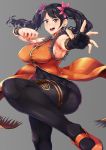  1girl abs ahegao armpits bare_shoulders black_gloves black_hair breasts brown_eyes fingerless_gloves gloves grey_background highres large_breasts leg_up ling_xiaoyu long_hair looking_at_viewer namco open_mouth round_teeth simple_background single_glove smile smirk solo sonparesu teeth tekken thick_thighs thighs tongue twintails 
