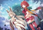  2girls animal_ears ass bangs blunt_bangs blush breasts cat_ears covered_navel earrings fingerless_gloves gloves hair_ornament pyra_(xenoblade) jewelry large_breasts long_hair looking_at_viewer multiple_girls nintendo niyah red_eyes redhead ribbon short_hair shorts sidelocks silver_hair simple_background smile spoilers swept_bangs tiara touhourh xenoblade_(series) xenoblade_2 yellow_eyes 