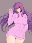  1girl 3yuki breasts commentary_request covered_navel fate/grand_order fate_(series) grey_background hair_intakes large_breasts long_hair long_sleeves looking_at_viewer purple_hair purple_sweater red_eyes ribbed_sweater scathach_(fate)_(all) scathach_(fate/grand_order) simple_background smile sweater thighs turtleneck turtleneck_sweater work_in_progress 
