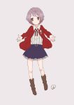  1girl artist_request blue_skirt brown_eyes commentary_request eyebrows_visible_through_hair full_body highres jacket looking_at_viewer nagato_yuki purple_hair red_jacket shirt short_hair simple_background skirt solo suzumiya_haruhi_no_yuuutsu 