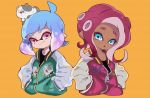  2girls :o ahoge animal animal_on_head artist_name bangs black_shirt blue_eyes blue_hair blunt_bangs blush cat closed_mouth commentary cropped_torso dark_skin domino_mask green_eyes hands_in_pockets head_tilt inkling jacket kitten kojajji-kun_(splatoon) letterman_jacket long_sleeves mask medium_hair multiple_girls nintendo octarian octoling on_head open_mouth orange_background pointy_ears red_jacket redhead shirt short_hair signature simple_background smirk splatoon splatoon_2 suction_cups sukajan tentacle_hair ueda_kou violet_eyes zipper zipper_pull_tab 