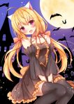  1girl :d ahoge animal animal_ears bangs bare_shoulders bat between_legs black_dress black_legwear black_sleeves blonde_hair blush bow cat_ears collarbone commentary_request detached_sleeves dress eyebrows_visible_through_hair frilled_dress frills full_moon hair_between_eyes hair_bow halloween hand_between_legs head_tilt kedama_(kedama_akaza) long_hair long_sleeves low_twintails moon neck_ribbon open_mouth original red_bow red_ribbon ribbon sitting smile solo thigh-highs twintails very_long_hair violet_eyes 