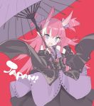  1girl :d alternate_costume bangs bare_shoulders black_skirt blade_(galaxist) blue_eyes blush commentary detached_sleeves elizabeth_bathory_(fate) elizabeth_bathory_(fate)_(all) eyebrows_visible_through_hair fang fate/extra fate_(series) hair_between_eyes hair_ribbon holding holding_umbrella horns long_hair long_sleeves looking_at_viewer multicolored_hair open_mouth pink_hair purple_ribbon purple_umbrella red_background ribbon skirt sleeveless sleeves_past_wrists smile solo streaked_hair two_side_up umbrella v-shaped_eyebrows very_long_hair white_hair wide_sleeves 