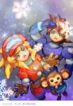  1girl bike_shorts blonde_hair breasts brown_gloves cabbie_hat commentary_request data_(rockman_dash) dinef gloves green_eyes hat jacket long_hair open_mouth red_shorts rock_volnutt rockman rockman_dash roll_caskett shorts small_breasts smile snow 
