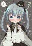  1girl :o black_bow black_cape black_hat black_skirt blue_eyes blue_hair blush bow brown_bow candy candy_cane cape claw_pose commentary_request dress_shirt fang fingernails flying_sweatdrops food gochuumon_wa_usagi_desu_ka? grey_background grey_cape grey_nails hair_bow halloween hands_up hat highres kafuu_chino layered_skirt long_hair long_sleeves looking_at_viewer mini_hat mini_top_hat multicolored multicolored_cape multicolored_clothes nail_polish open_mouth pleated_skirt rin_(fuwarin) shirt skirt sleeves_past_wrists solo star suspender_skirt suspenders tilted_headwear tippy_(gochiusa) top_hat twintails upper_body white_shirt 