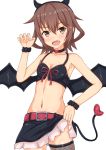  alternate_costume bat_wings blush breasts brown_eyes brown_hair eyebrows_visible_through_hair hair_between_eyes hair_ornament hairclip halloween halloween_costume happy_halloween heart ikazuchi_(kantai_collection) kantai_collection linfa_lm looking_at_viewer miniskirt open_mouth ribbon short_hair simple_background skirt small_breasts tail white_background wings 