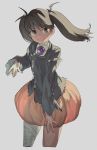  1girl alternate_costume bandage bat_hair_ornament black_hair commentary_request grey_background hair_ornament halloween_costume highres japanese_clothes kantai_collection kariginu looking_at_viewer pumpkin_skirt ryuujou_(kantai_collection) shantotto-sama skull_necklace solo torn_clothes twintails 