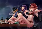  3girls alice_margatroid arm_rest armpits ashtray bare_arms bare_legs bare_shoulders barefoot black_bra black_hat black_pants blonde_hair blue_shirt bottle bra breasts brown_bra brown_eyes brown_panties can chopsticks cigarette collared_shirt commentary_request controller cookie_(touhou) couch feet fire grin hair_over_eyes hairband hat hinase_(cookie) jigen_(cookie) kirisame_marisa lighter long_hair marijuana medium_breasts megafaiarou_(talonflame_810) mouth_hold multiple_girls navel no_bra open_clothes open_shirt panties pants patchouli_knowledge purple_hair ramen red_hairband remote_control shirt sitting smile smoke smoking spill taisa_(cookie) teeth touhou trash underwear underwear_only violet_eyes wing_collar 