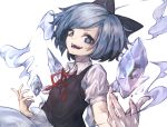  1girl blue_bow blue_eyes blue_hair blue_wings bow cirno collared_shirt commentary_request fingernails frog frozen_frog highres hito_komoru ice ice_wings looking_at_viewer medium_hair neck_ribbon open_mouth red_ribbon ribbon see-through shirt short_sleeves simple_background smile solo teeth touhou upper_body vest white_background white_shirt wing_collar wings 
