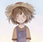  1girl blush brown_hair child closed_eyes commentary_request crying fairyapple hat original russian_commentary shirt short_hair short_sleeves simple_background solo straw_hat t-shirt tears upper_body 